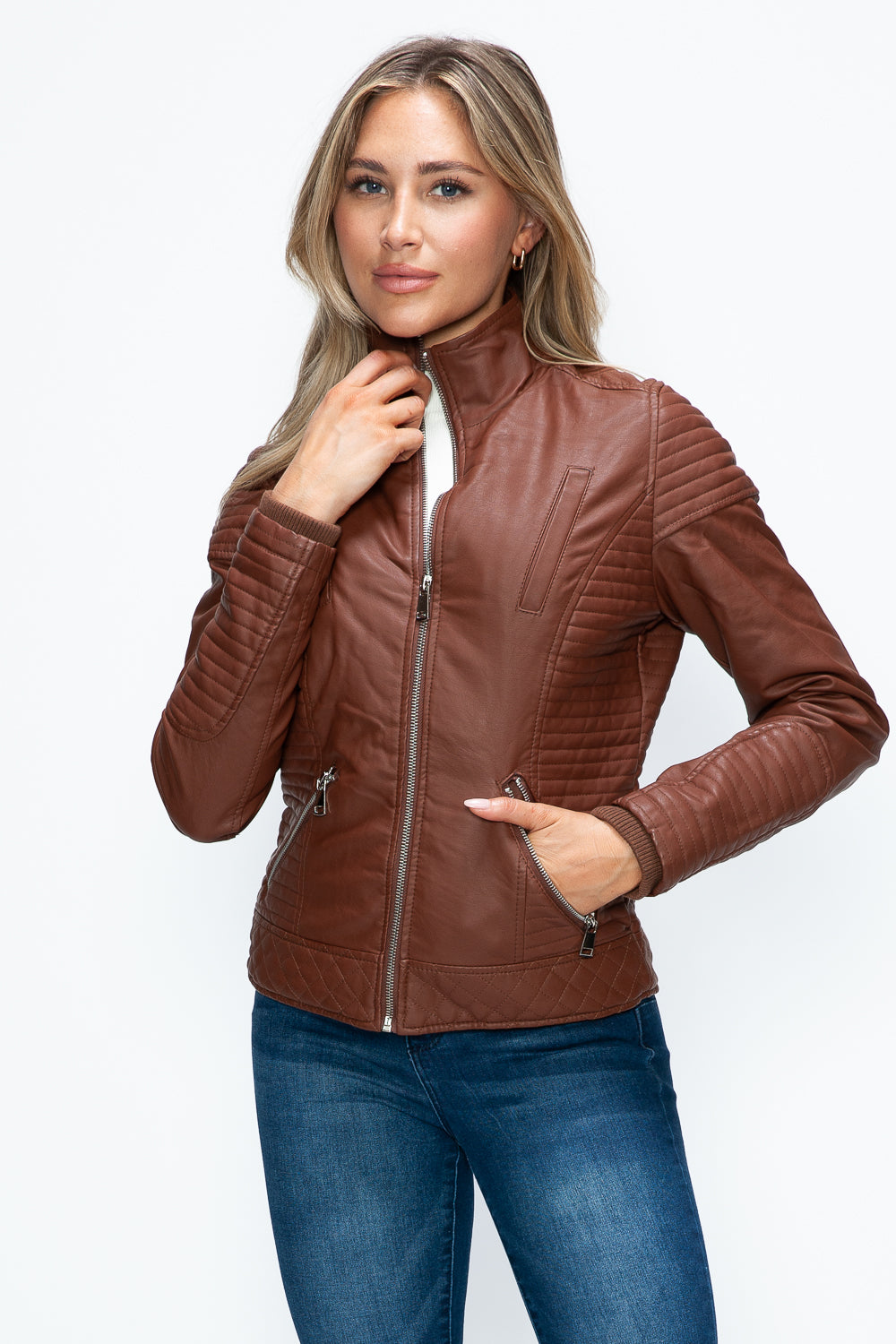 YMI Faux Layered Double-Zipper Jacket with Fuzzy Hood - Teresa's Fashionista LLC