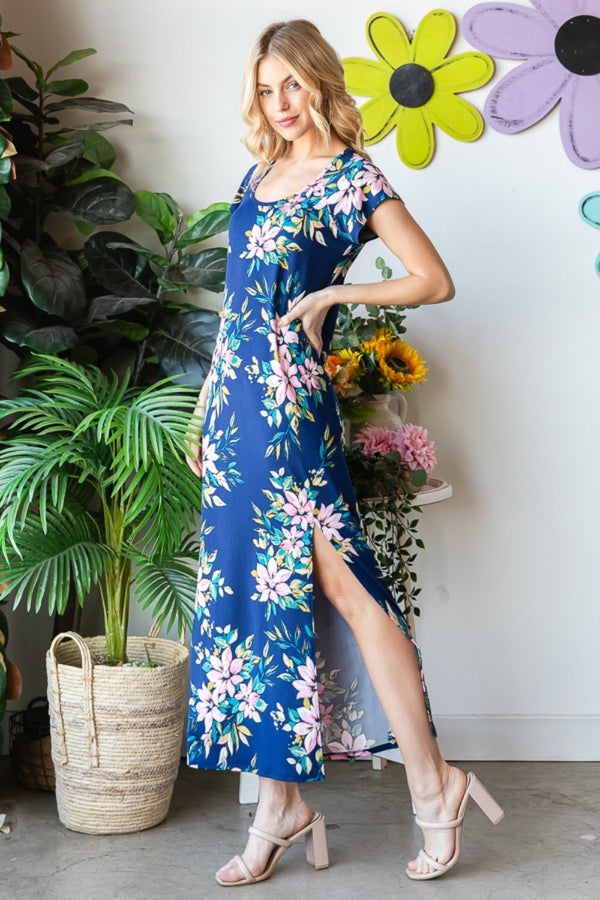 Heimish Full Size Floral Short Sleeve Slit Dress-Teresa's Fashionista LLC