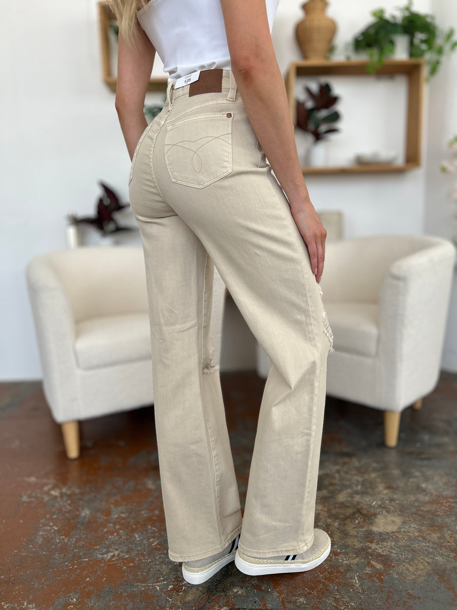 Judy Blue Full Size High Waist Distressed Wide Leg Jeans - Teresa's Fashionista LLC