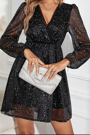 Glitter Surplice Long Sleeve Mini Dress-Teresa's Fashionista LLC