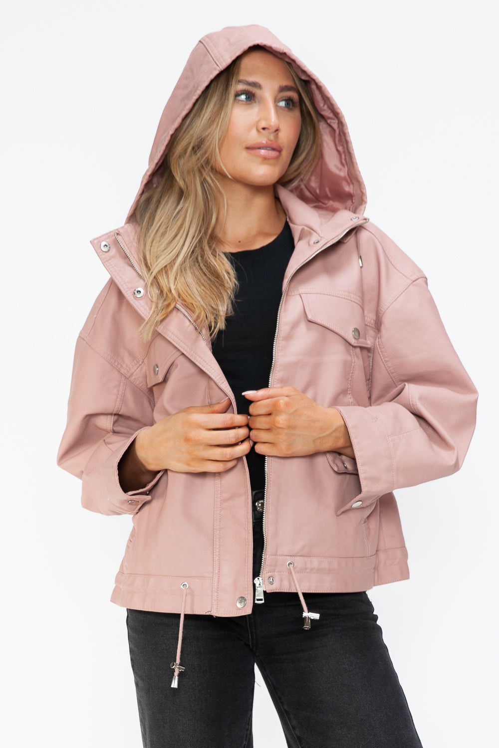 How Dare U Drawstring Hem PU Leather Zip Up Jacket - Teresa's Fashionista LLC
