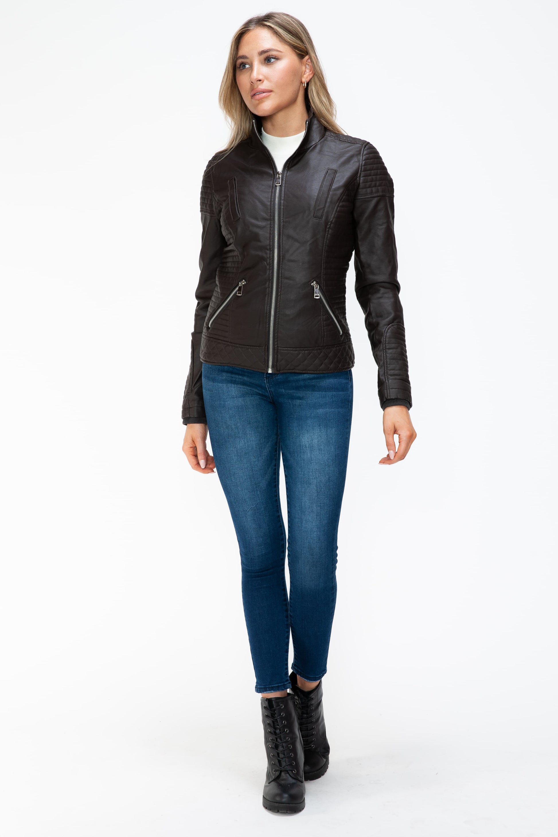 YMI Faux Layered Double-Zipper Jacket with Fuzzy Hood - Teresa's Fashionista LLC