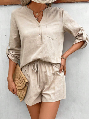 Notched Long Sleeve Top and Shorts Set-Teresa's Fashionista LLC