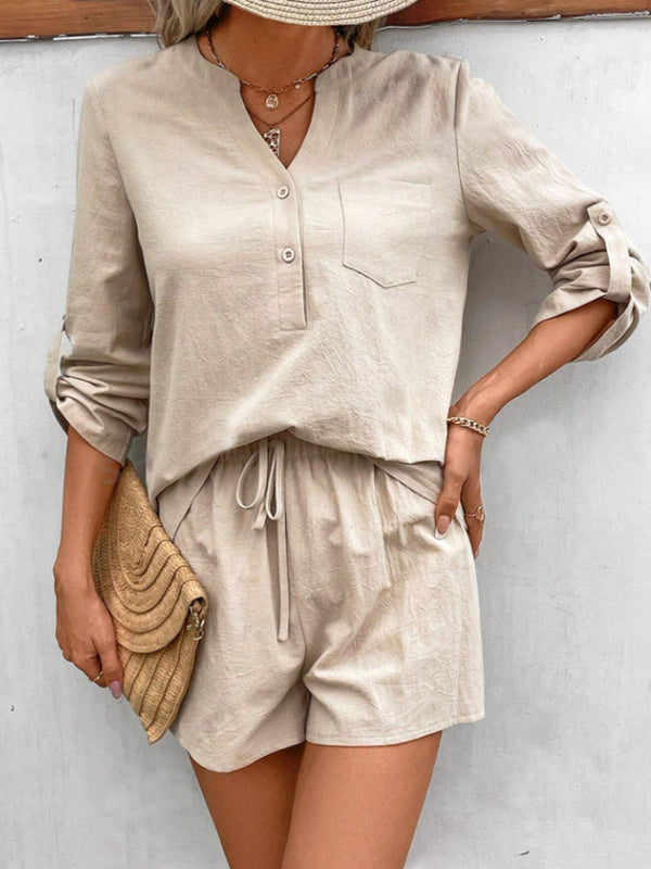 Notched Long Sleeve Top and Shorts Set-Teresa's Fashionista LLC