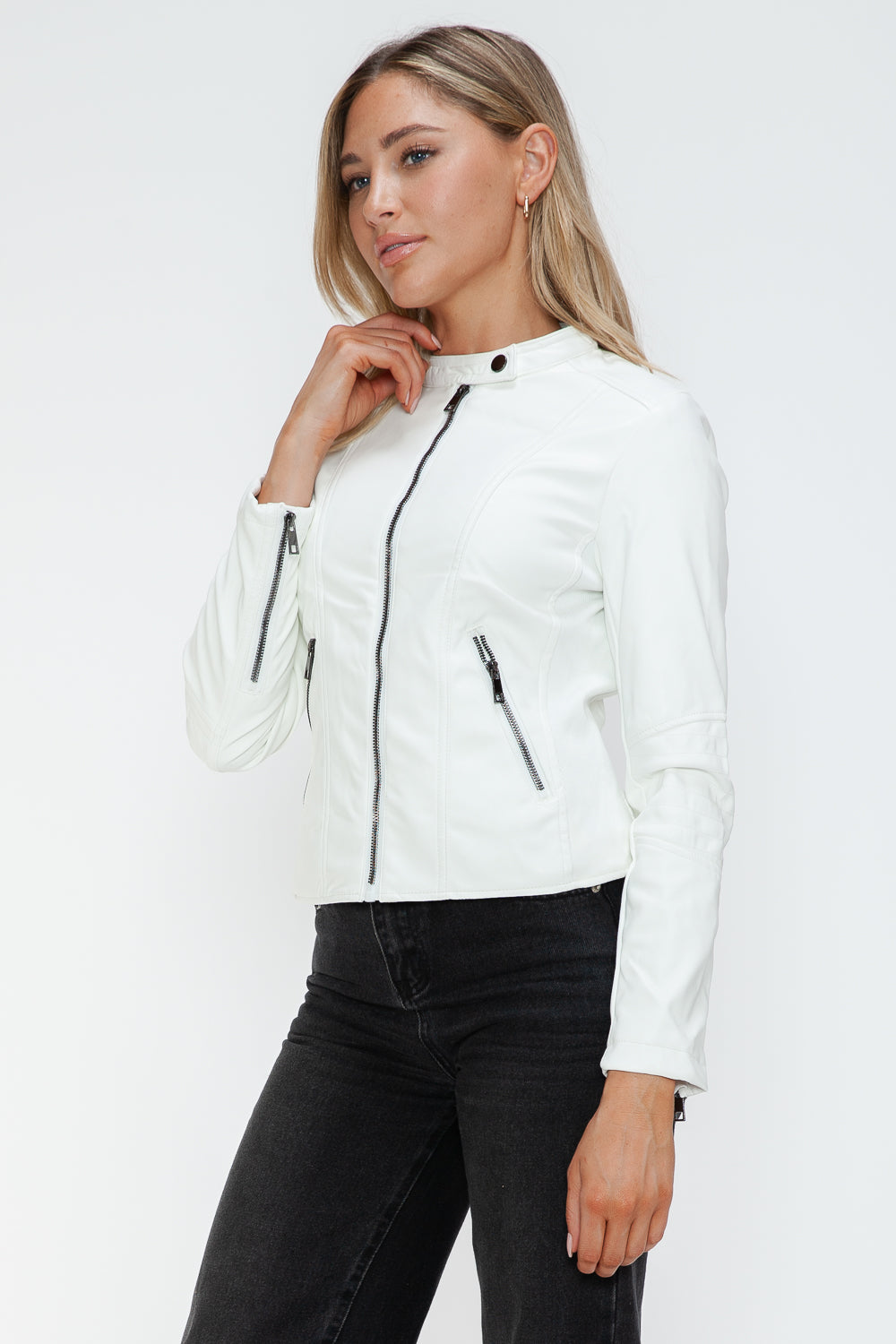 Snobbish Faux Leather Zip Up Drawstring Hooded Jacket - Teresa's Fashionista LLC