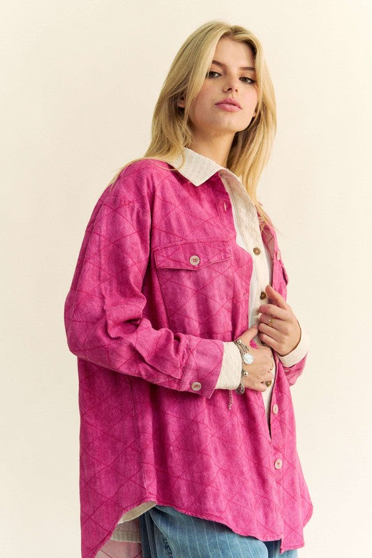 Davi & Dani Curved Hem Diamond Quilted Button Up Denim Shacket - Teresa's Fashionista LLC