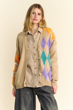 Davi & Dani Argyle V-Neck Dropped Shoulder Cardigan - Teresa's Fashionista LLC