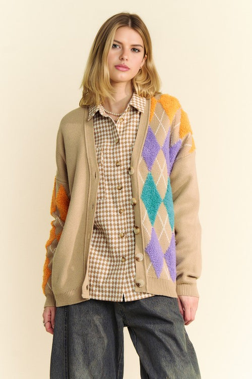 Davi & Dani Argyle V-Neck Dropped Shoulder Cardigan - Teresa's Fashionista LLC