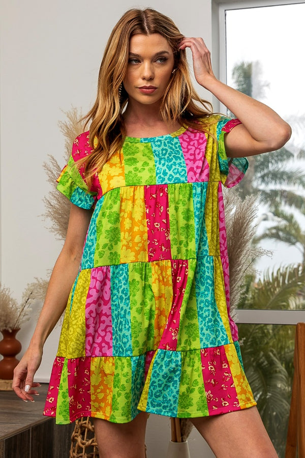 BiBi Leopard Short Sleeve Tiered Dress-Teresa's Fashionista LLC