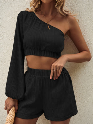 One Shoulder Long Sleeve Top and Shorts Set-Teresa's Fashionista LLC