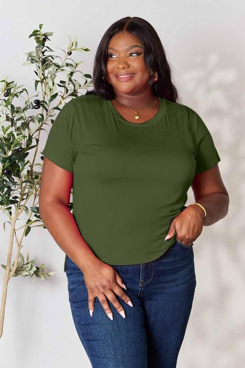Basic Bae full size round neck short sleeve t-shirt in green worn by model.