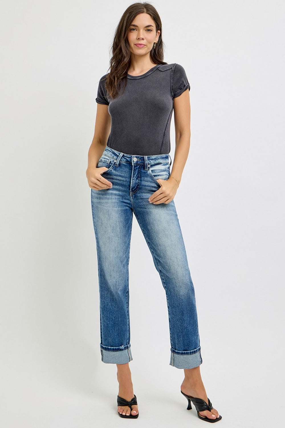 RISEN Full Size High Rise Crop Straight Roll Up Jeans - Teresa's Fashionista LLC