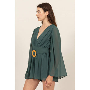 Plunging Neckline Bell Sleeve Romper