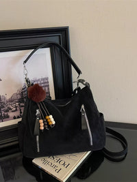 Decorative Pom-Pom and Bead Charm Shoulder Bag