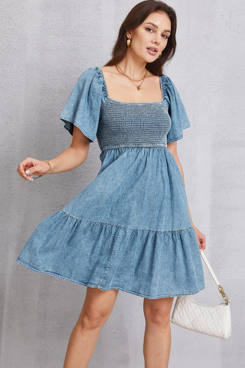 Smocked Square Neck Mini Denim Dress-Teresa's Fashionista LLC