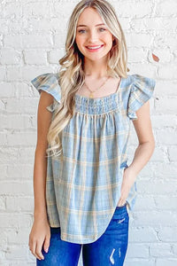And The Why Plaid Print Smocked Detail Ruffle Baby Doll Top