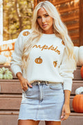 Pumpkin Embroidery Long Sleeve Sweater - Teresa's Fashionista LLC
