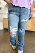 Judy Blue Full Size Distressed Raw Hem Bootcut Jeans - Teresa's Fashionista LLC