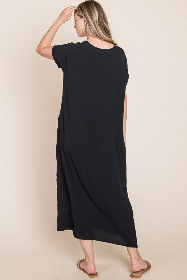 BOMBOM Round Neck Short Sleeve Midi Dress with Pockets-Teresa's Fashionista LLC