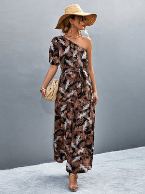 Printed Tie Waist One Shoulder Maxi Dress-Teresa's Fashionista LLC