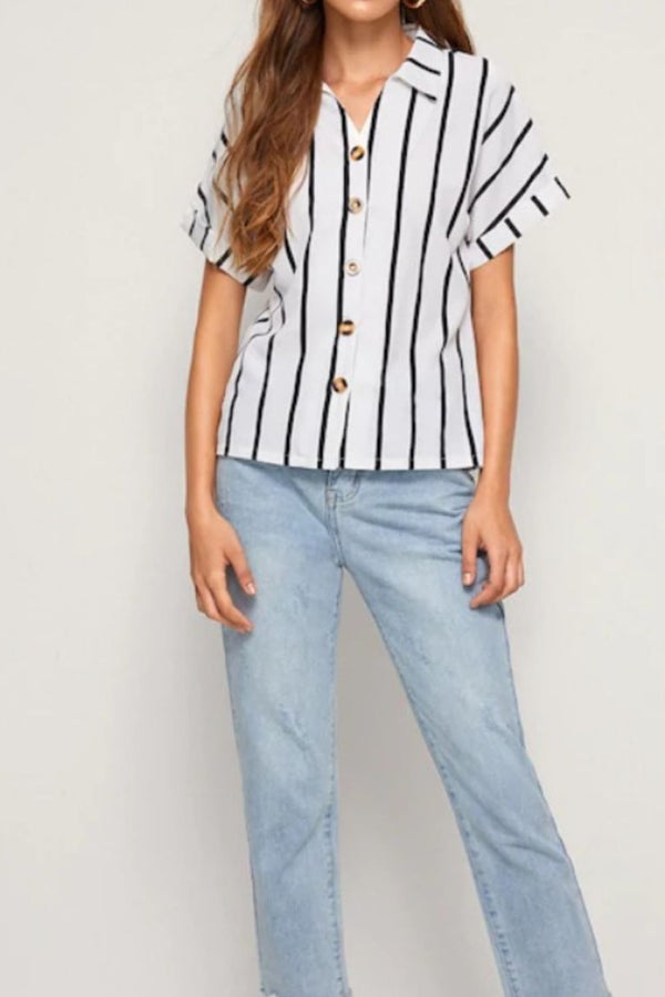 Striped Button Up Short Sleeve Shirt-Teresa's Fashionista LLC