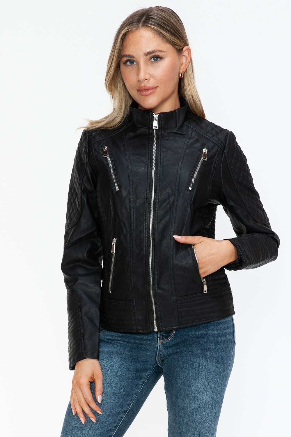Snobbish Faux Leather Zip Up Mock Neck Jacket - Teresa's Fashionista LLC