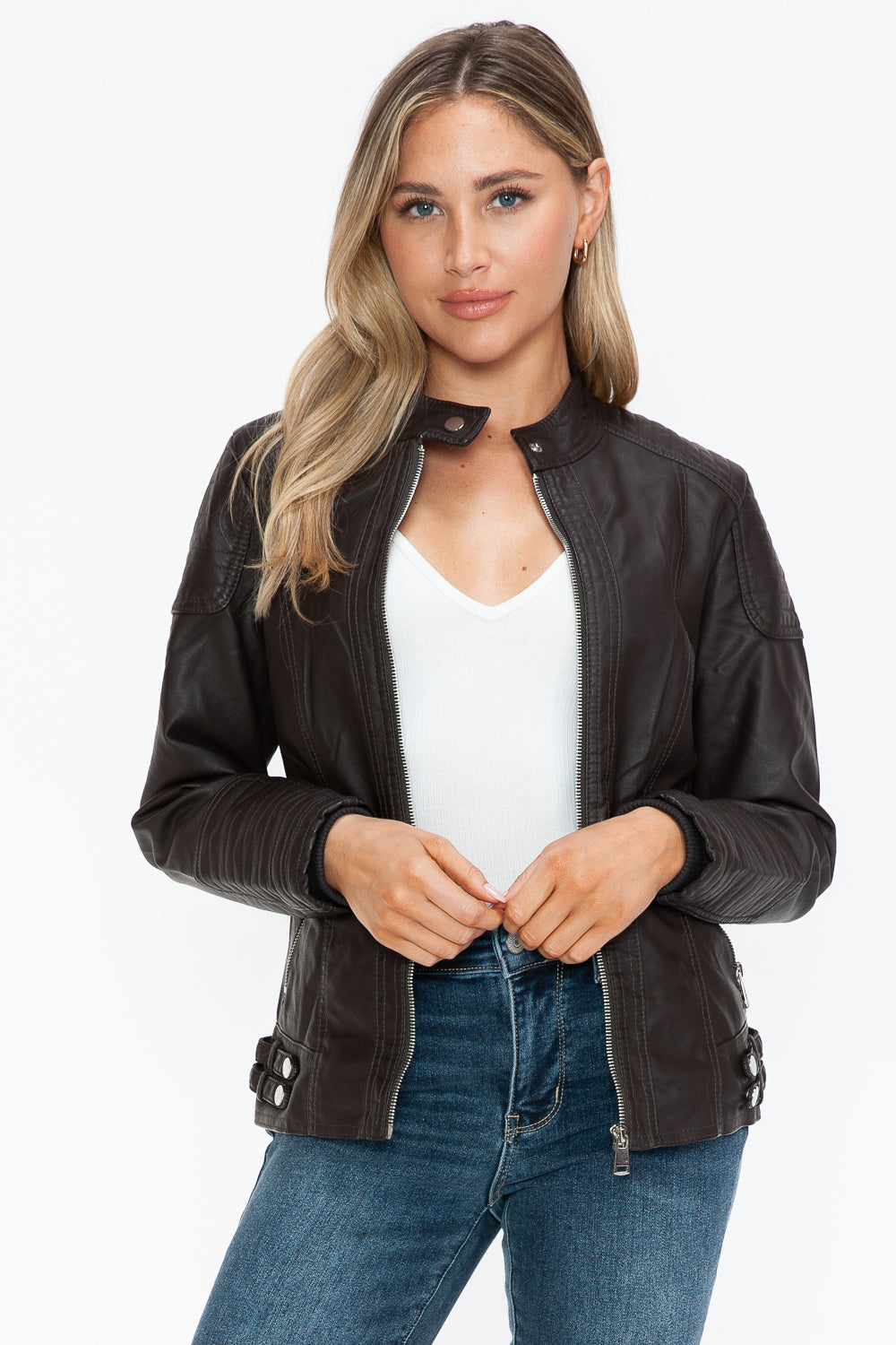 Snobbish Faux Leather Biker Jacket with Side Zip Pockets - Teresa's Fashionista LLC