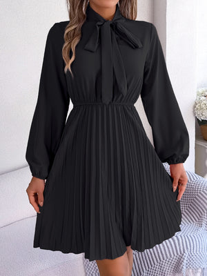 Tie Neck Balloon Sleeve Pleated Dress-Teresa's Fashionista LLC