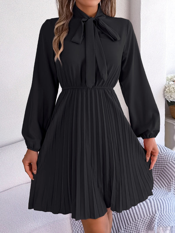 Tie Neck Balloon Sleeve Pleated Dress-Teresa's Fashionista LLC