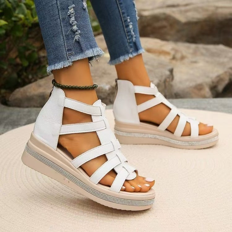 Cutout Rhinestone Trim Wedge Sandals-Teresa&#39;s Fashionista LLC