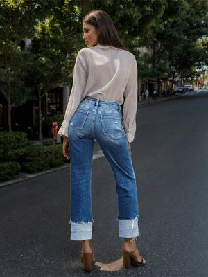 Stepped Waist Raw Hem Rolled Straight Jeans-Teresa's Fashionista LLC