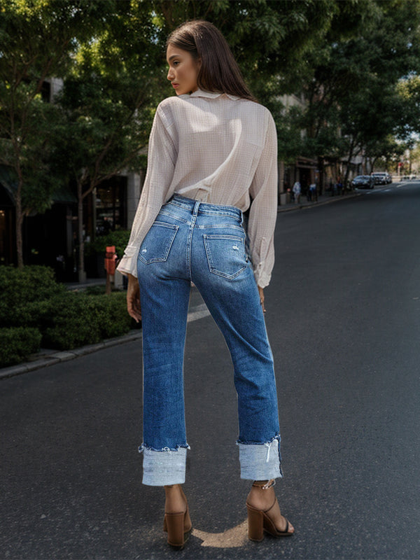 Stepped Waist Raw Hem Rolled Straight Jeans-Teresa's Fashionista LLC