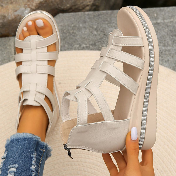 Cutout Rhinestone Trim Wedge Sandals-Teresa's Fashionista LLC