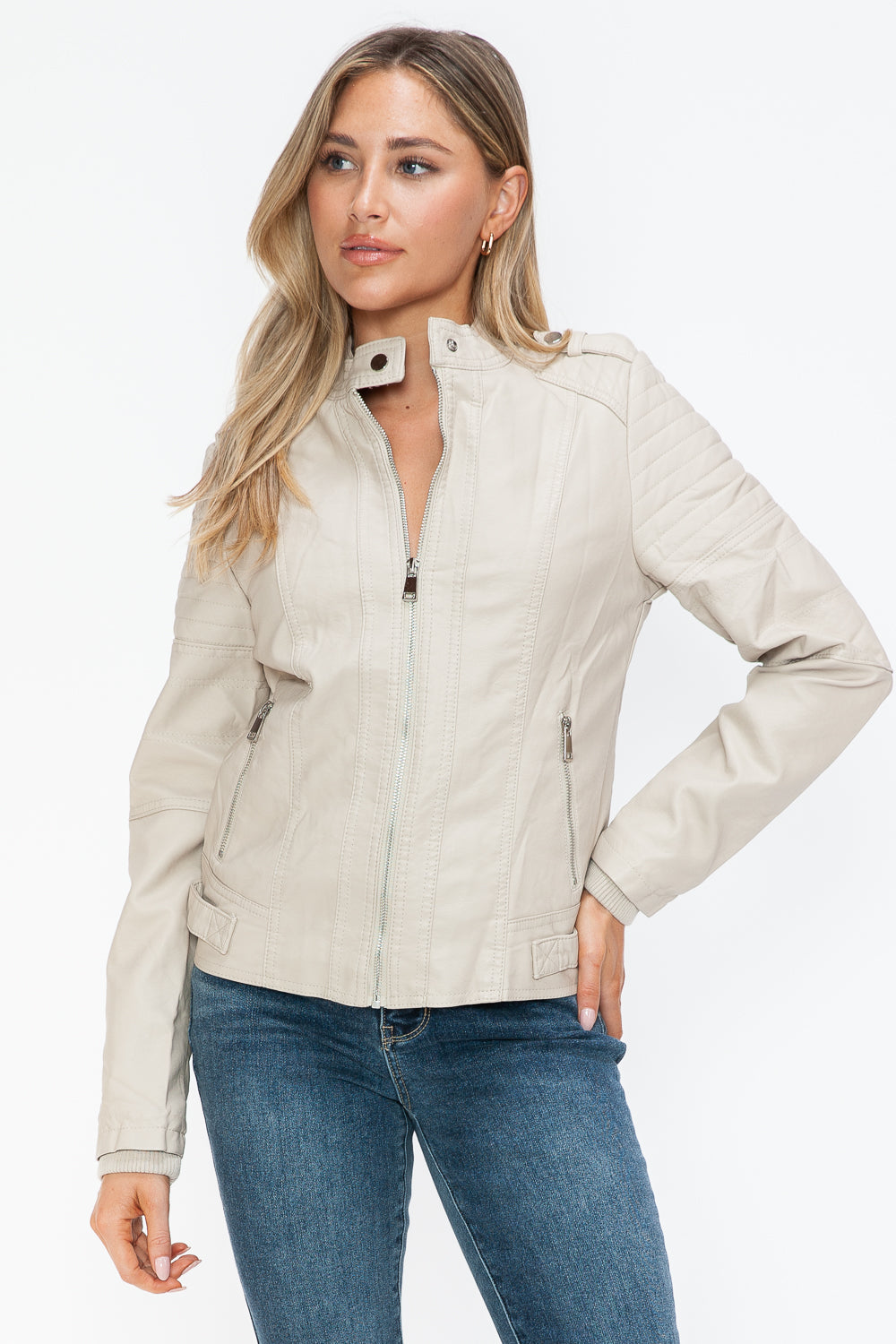 Snobbish PU Leather Biker Jacket with Side Zip Pockets - Teresa's Fashionista LLC