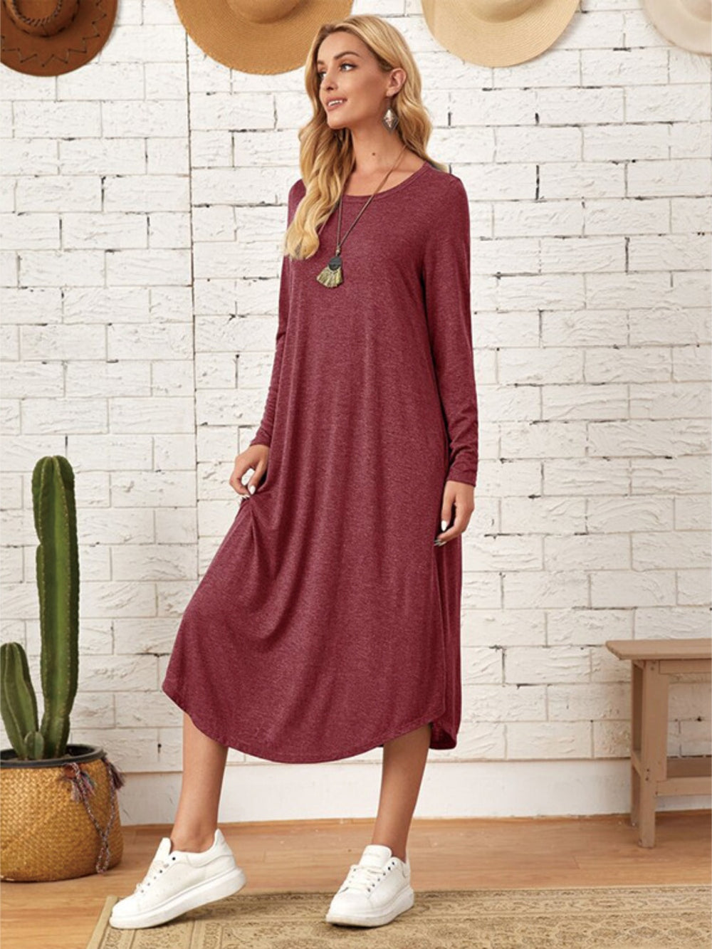 Pocketed Round Neck Long Sleeve Tee Dress-Teresa's Fashionista LLC