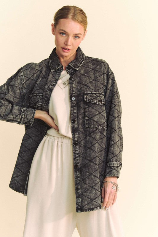 Davi & Dani Curved Hem Diamond Quilted Button Up Denim Shacket - Teresa's Fashionista LLC