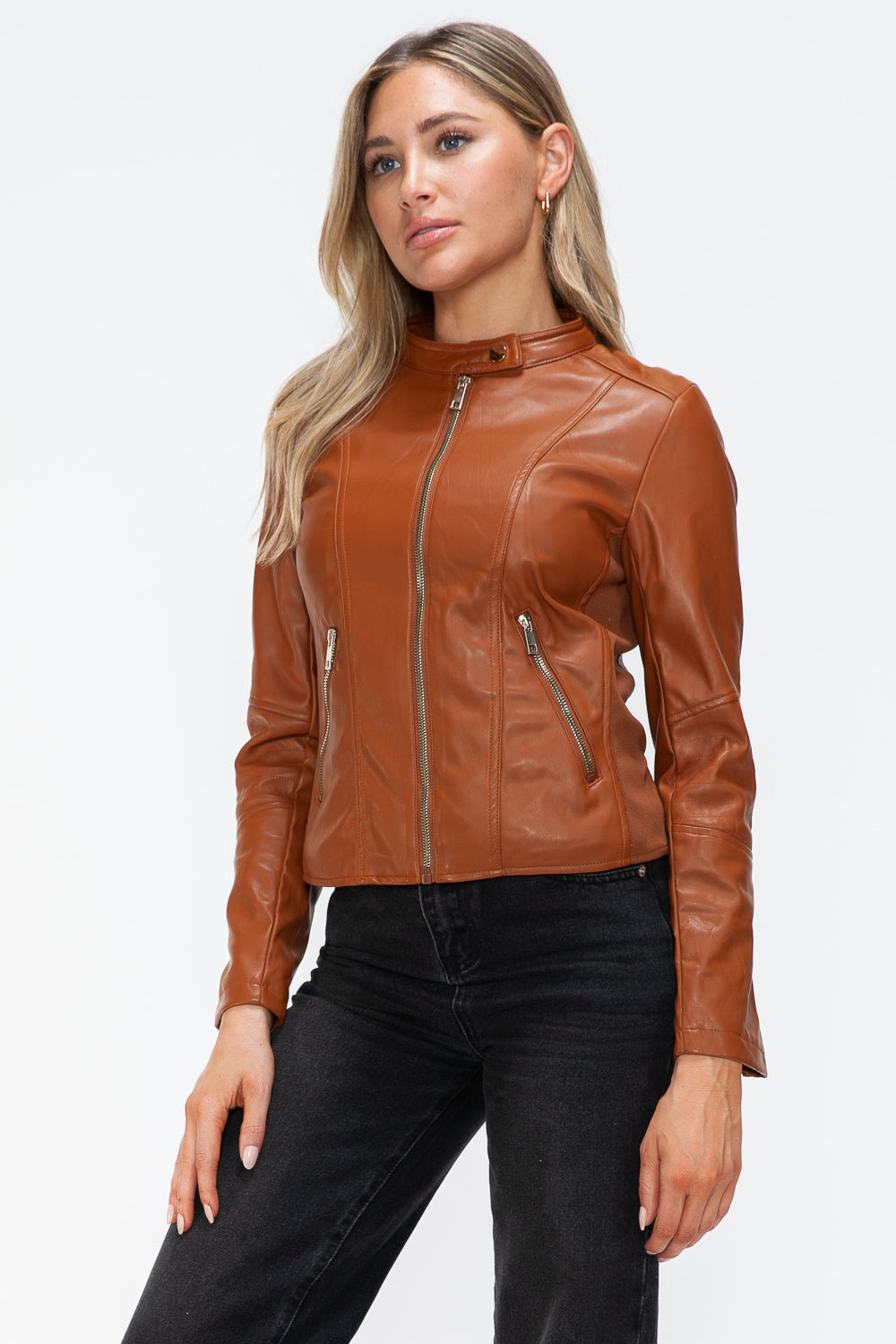 Snobbish Faux Leather Zip Up Drawstring Hooded Jacket - Teresa's Fashionista LLC