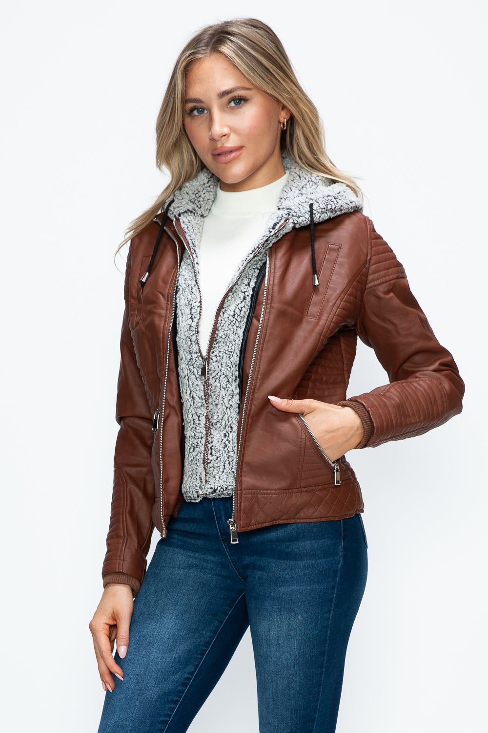 YMI Faux Layered Double-Zipper Jacket with Fuzzy Hood - Teresa's Fashionista LLC