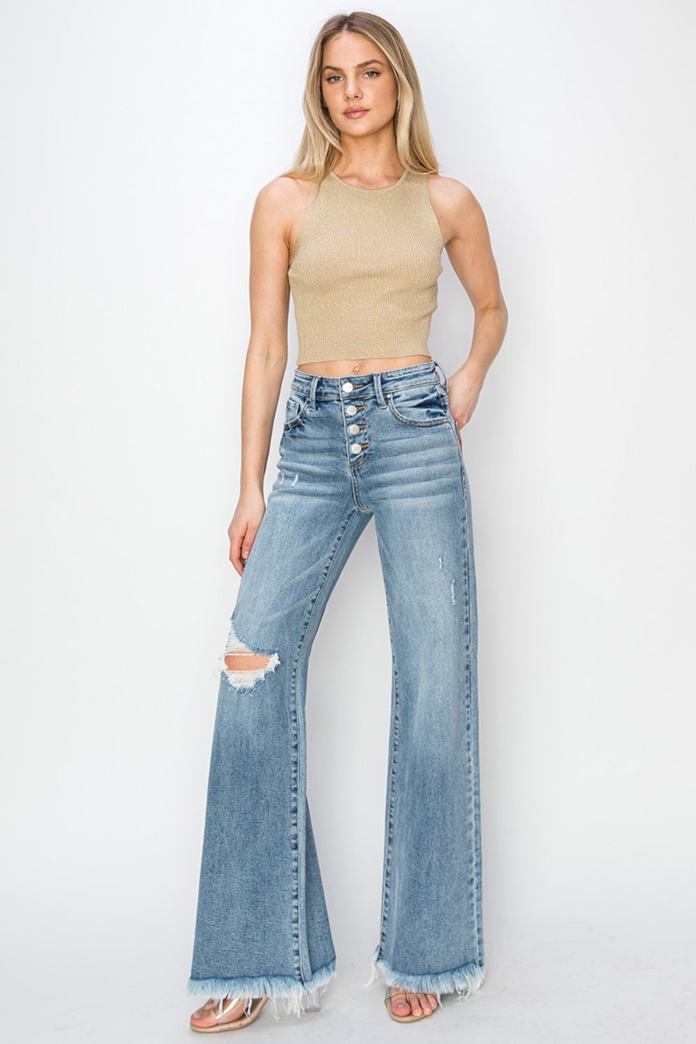 RISEN Mid Rise Button Fly Wide Leg Jeans - Teresa's Fashionista LLC