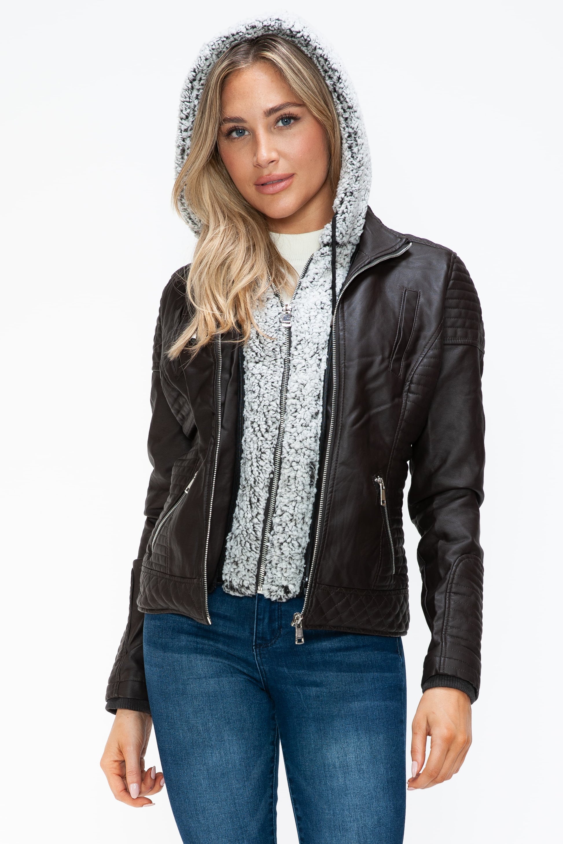 YMI Faux Layered Double-Zipper Jacket with Fuzzy Hood - Teresa's Fashionista LLC
