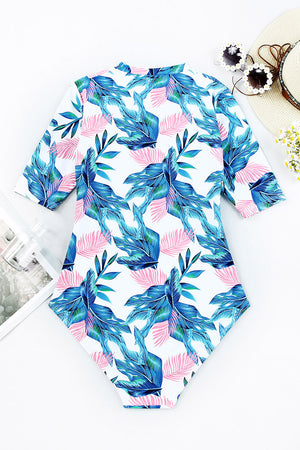 Printed Notched Half Sleeve One-Piece Swimwear-Teresa's Fashionista LLC