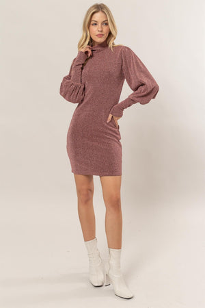 HYFVE Glitter Mock Neck Long Sleeve Mini Dress - Teresa's Fashionista LLC
