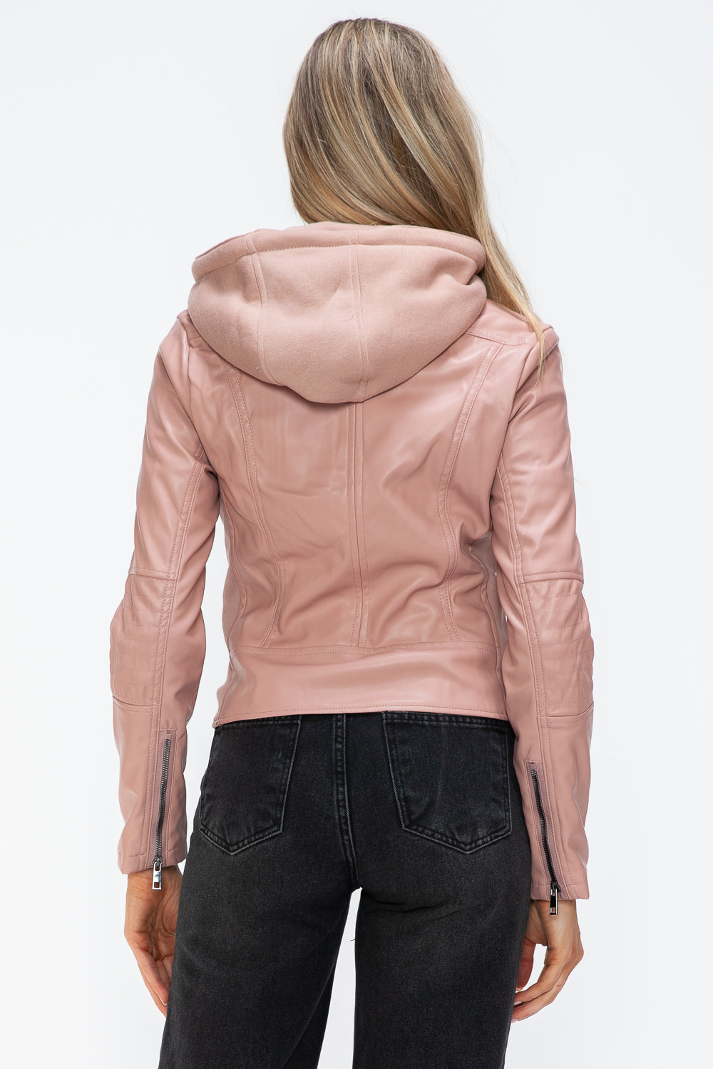 Snobbish Faux Leather Zip Up Drawstring Hooded Jacket - Teresa's Fashionista LLC