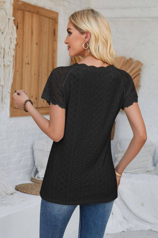 Eyelet V-Neck Lace Short Sleeve T-Shirt-Teresa's Fashionista LLC