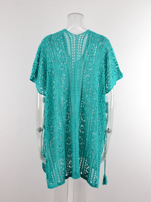 Cutout V-Neck Cover-Up with Tassel-Teresa's Fashionista LLC