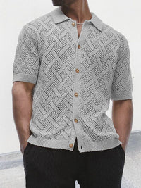 Men's Button Down Collared Neck Eyelet Knit Shirt