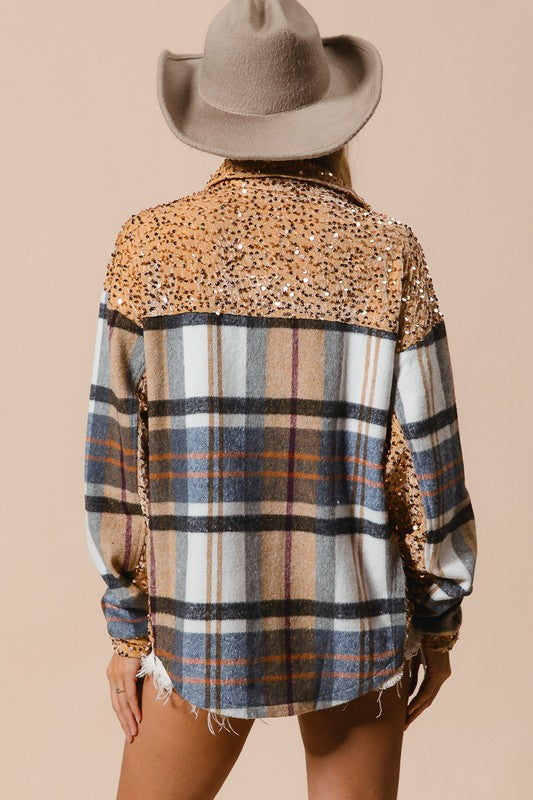 BiBi Curved Hem Sequin Plaid Button Up Shacket - Teresa's Fashionista LLC