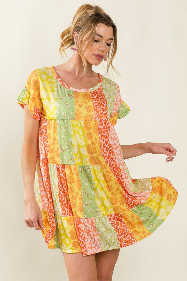BiBi Leopard Short Sleeve Tiered Dress-Teresa's Fashionista LLC
