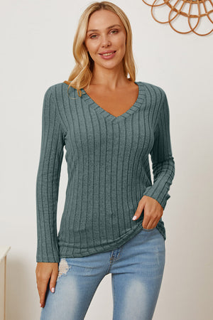 Basic Bae Full Size Ribbed V-Neck Long Sleeve T-Shirt-Teresa's Fashionista LLC