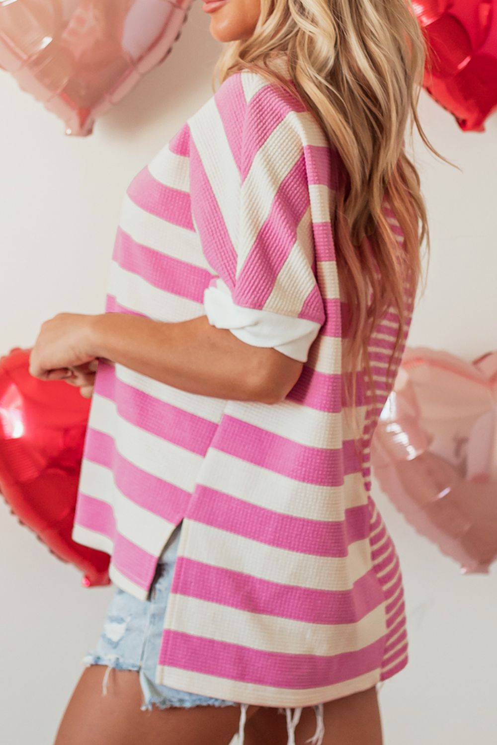 High-Low Striped Round Neck Short Sleeve T-Shirt - Teresa's Fashionista LLC